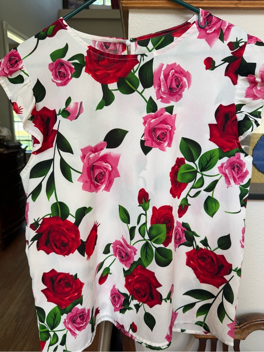 Women’s White Floral Rose Print Blouse - Pink & Red Roses size 1X/XL